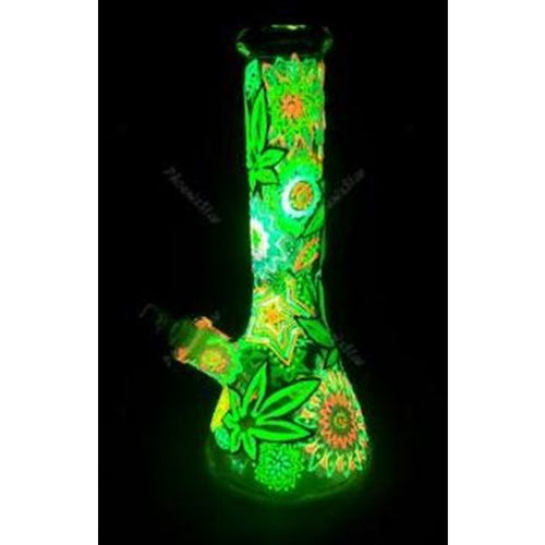 32cm Thick Glass 3D Leaf Glow In The Dark Beaker / Flask Waterpipe - GB181 - Vapestore Direct