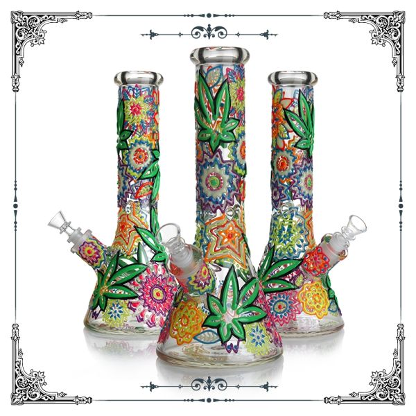 32cm Thick Glass 3D Leaf Glow In The Dark Beaker / Flask Waterpipe - GB181 - Vapestore Direct